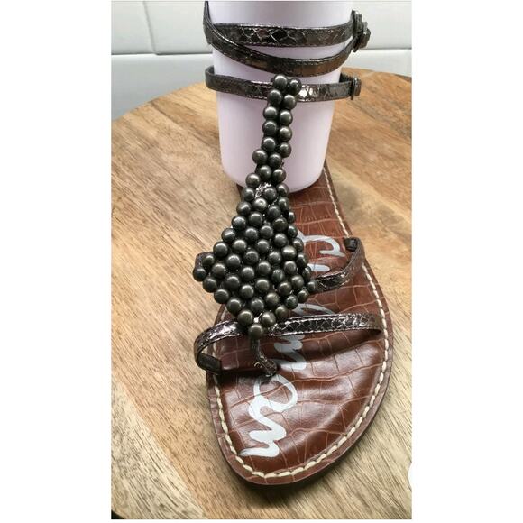 Sam Edelman Ginger Beaded Gladiator Sandal Size 7 in Pewter Strappy Boho Leather - Picture 4 of 10